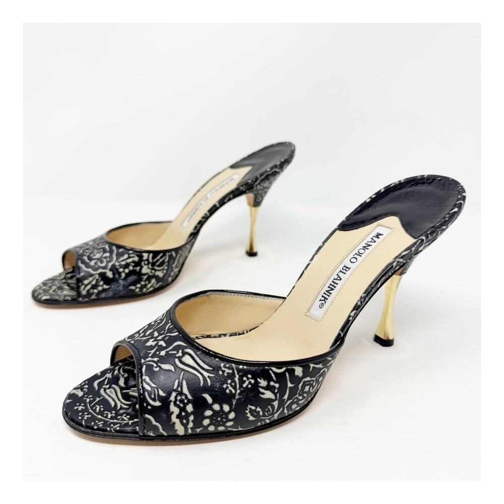 Manolo Blahnik Black Floral Print Mules Womens Size EU 37